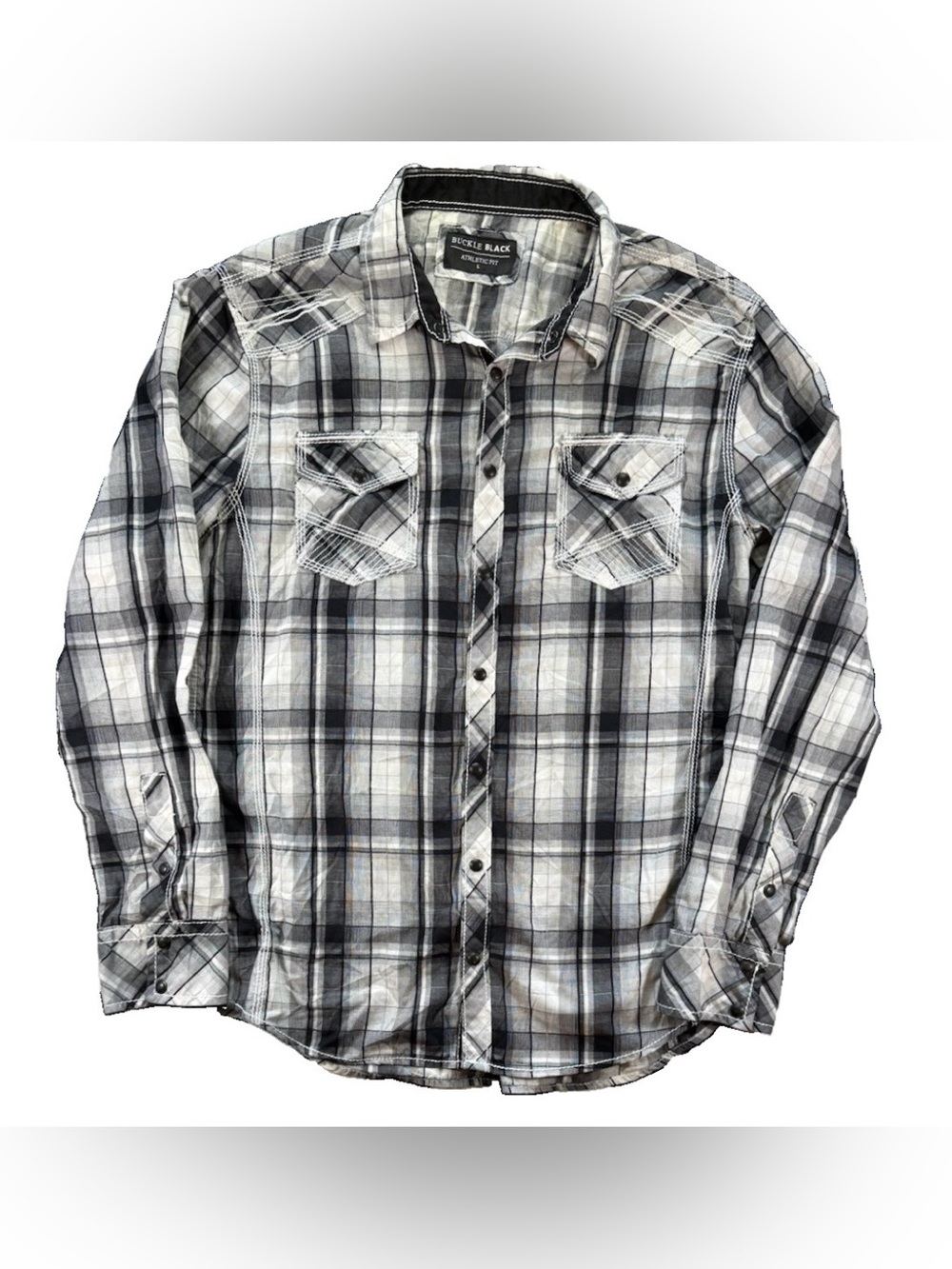 Buckle Athletic Fit Pearl Snap Long Sleeve Shirt Men's Large Black Plaid Western